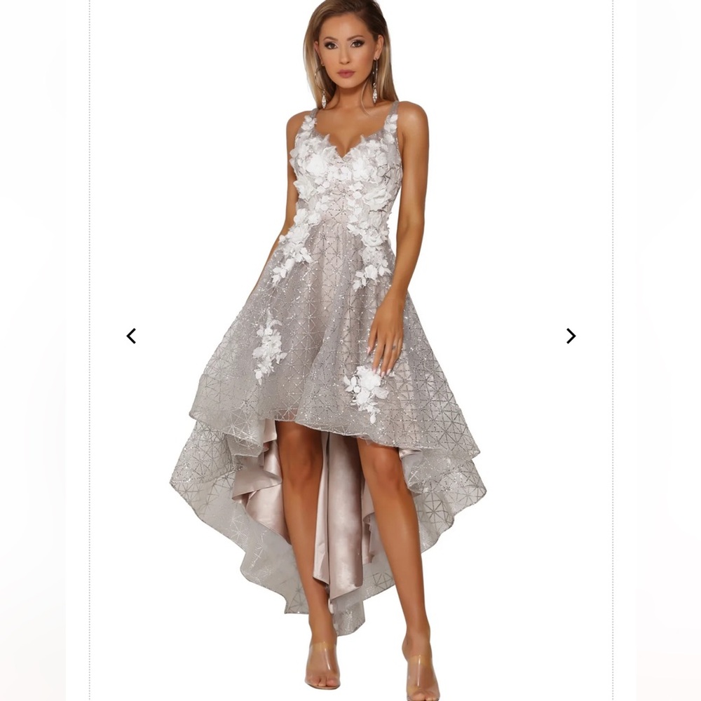 Portia and Scarlett Gray Sequin Tiered High Low Dress  size 8